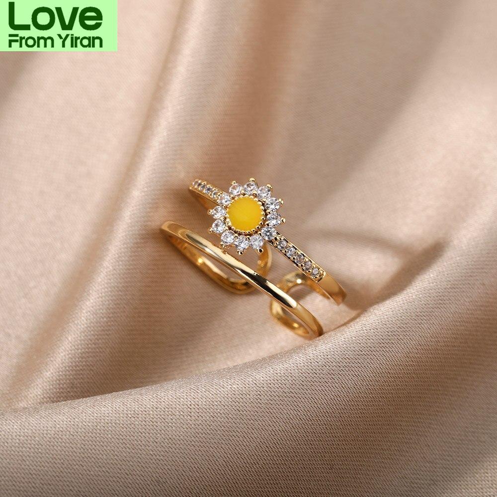 Cute Daisy Rings For Women Zircon Sweet Double Mini Flower Open Adjustable Finger Ring Wedding Party Boho Jewelry Gift Mujer