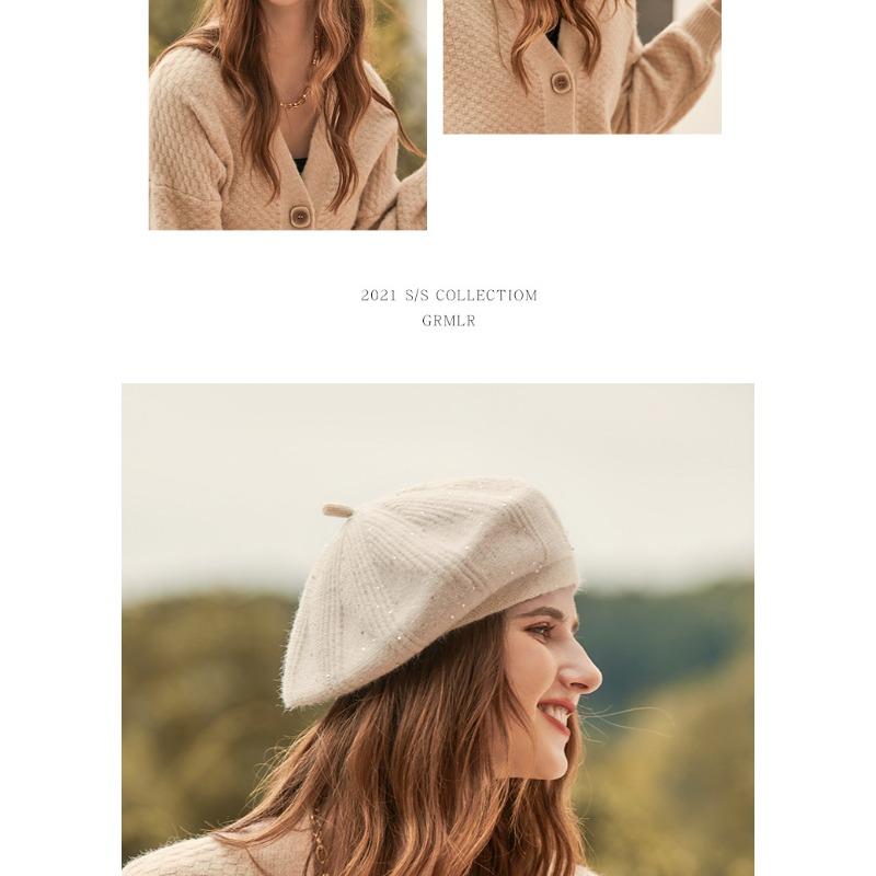 Glitter beret women's autumn and winter woolen hat with fleece winter knitted hat solid color women's hat