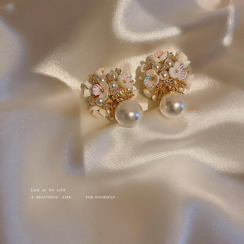 Faux Pearl Two-sided Shell Zircon Earring Elegant Fashion Women Shiny Crystal Imitation Pearl Handmade Earrings Party Jewelry Gift