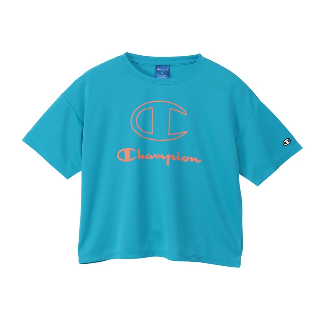 Champion Short Sleeve Round Odor UV Graphic Logo Print Women's T-Shirt, Turquoise, CW-ZS305, Neck, Antibacterial, Resistant, Quick-Drying, Protection,