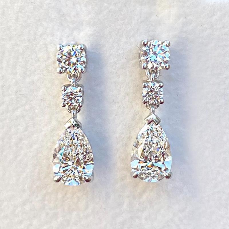 Three Stone Round and Pear Cut Layered Drop Earrings Multi Prong Shiny Dangle Ear Rings for Women Wedding Formal Jewelry