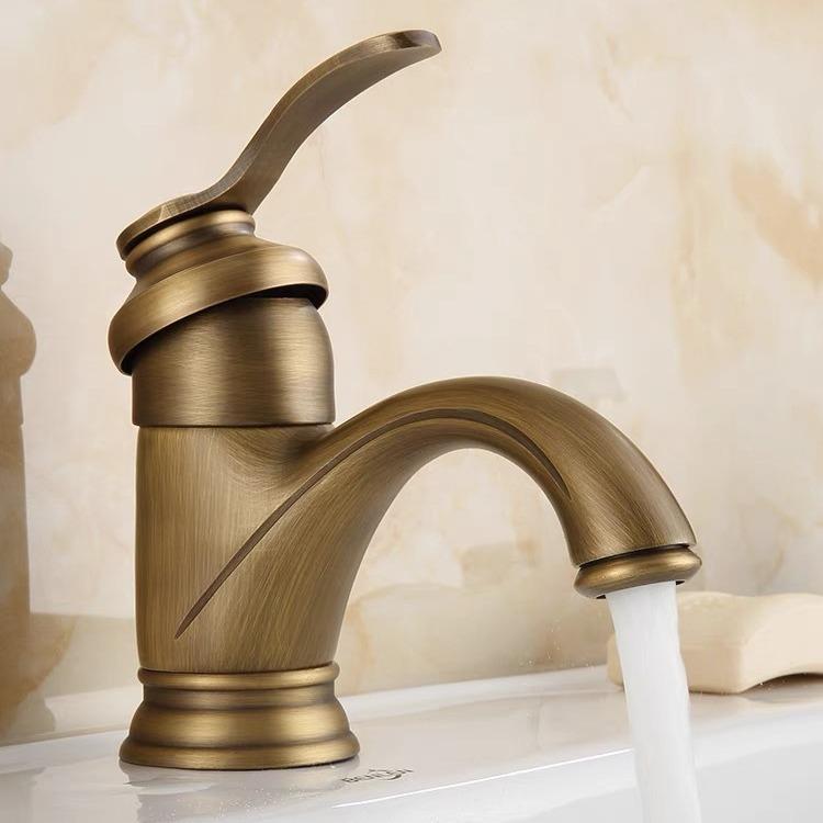 European Antique Style Basin Faucet Deck Mounted Brushed Brass Single Handle Bathroom Water Mixer Tap (Bronze,Brushed)