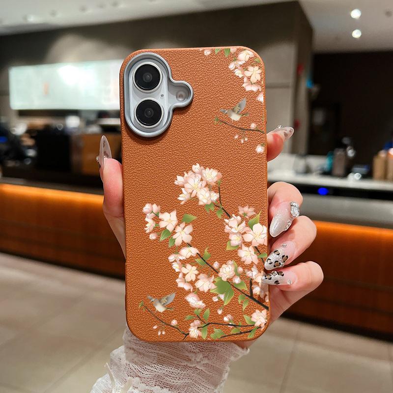 Cherry Blossom Pattern Leather Texture Slim Case for iPhone 16 Pro Max 15 Pro 14 Plus 13 12 11 Tpu Soft Shockproof Matte Solid Color Phone Cover