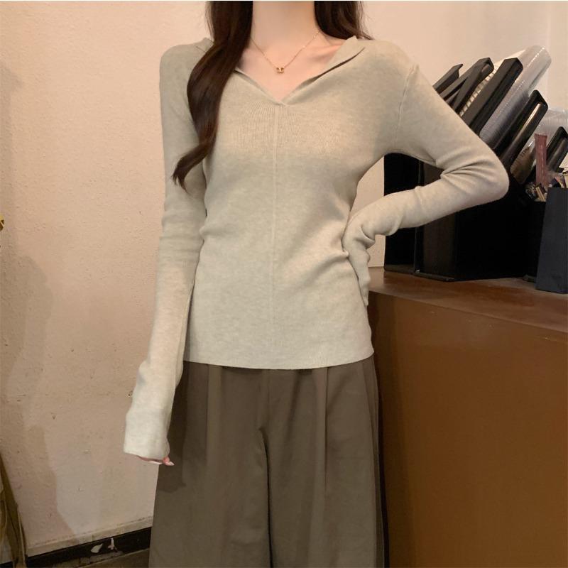 

Retro red white collar bottoming top women s autumn and winter soft waxy inner with thin knitted sweater L хаки