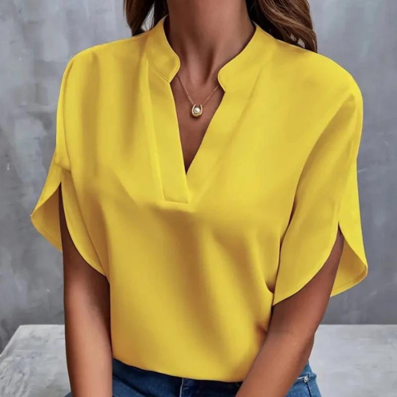 

Women s Summer Blouse - Solid Color V-Neck Relaxed Fit Casual Comfortable Style XL жовтий