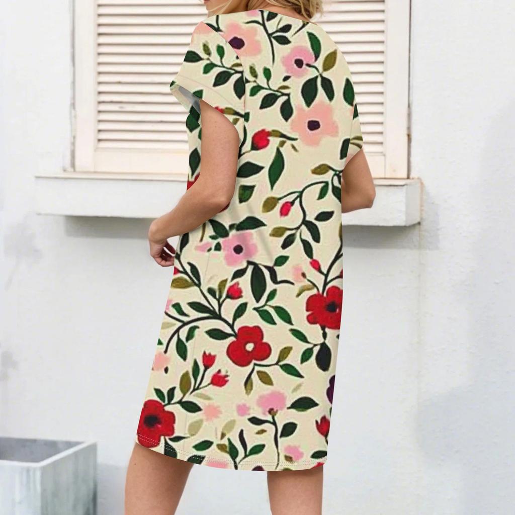 Women's Casual Fashion Sexy V-Neck Cap Sleeves Pocket Floral Dress