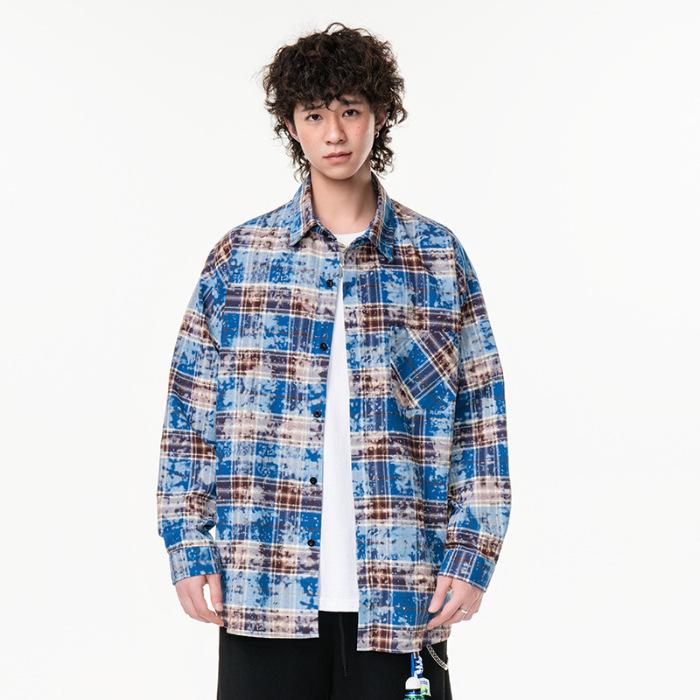 New Japanese Mid-length Shirt for Spring for Men's Fashion Trend Casual Plaid Shirt