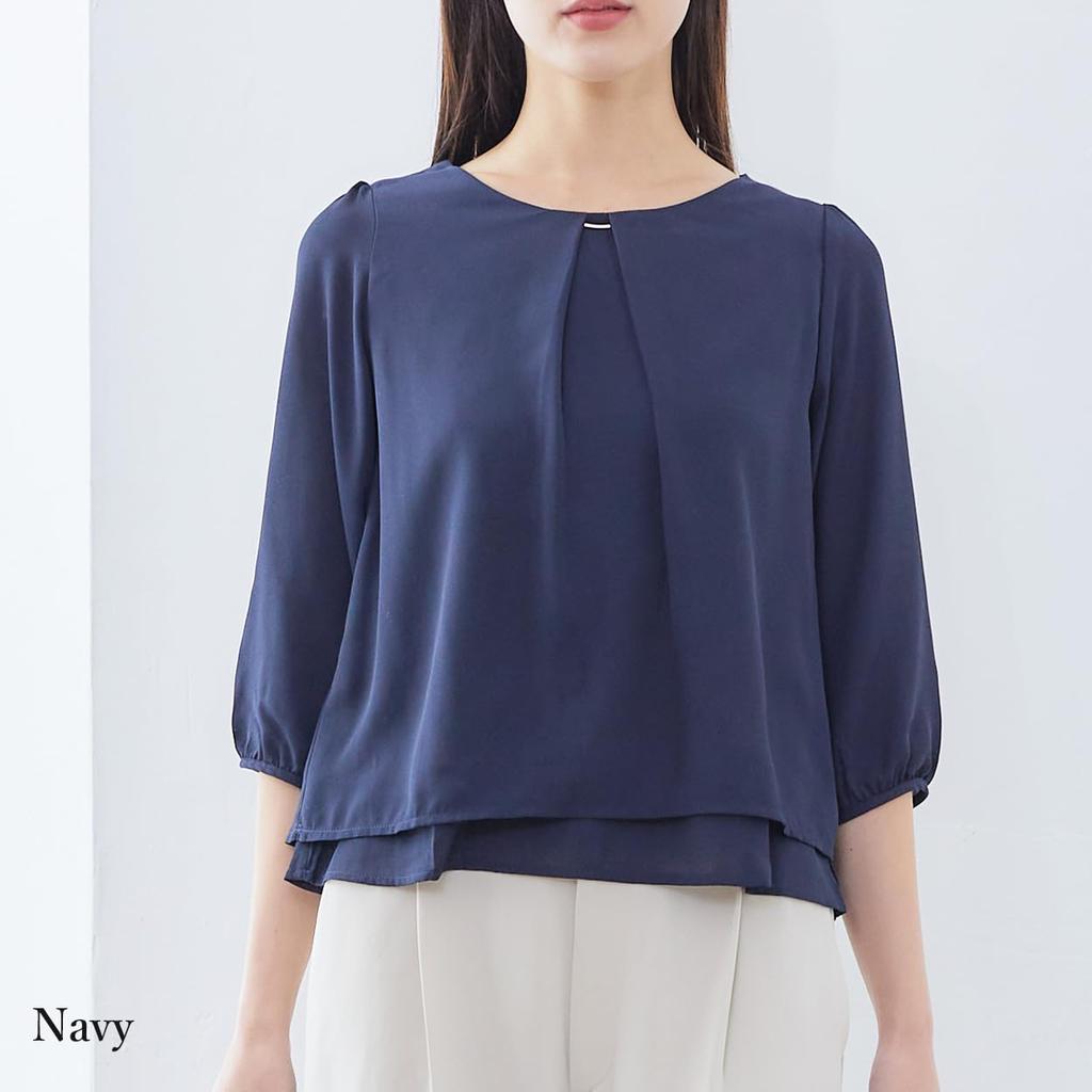 RIRIYĀNO Damen Chiffon Bluse/Hemd, 3/4 Ärmel, Anzug-Innenfutter, Knitterarm, Schnelltrocknend, für Pendler und Bürogebrauch (Größe L, Marineblau)