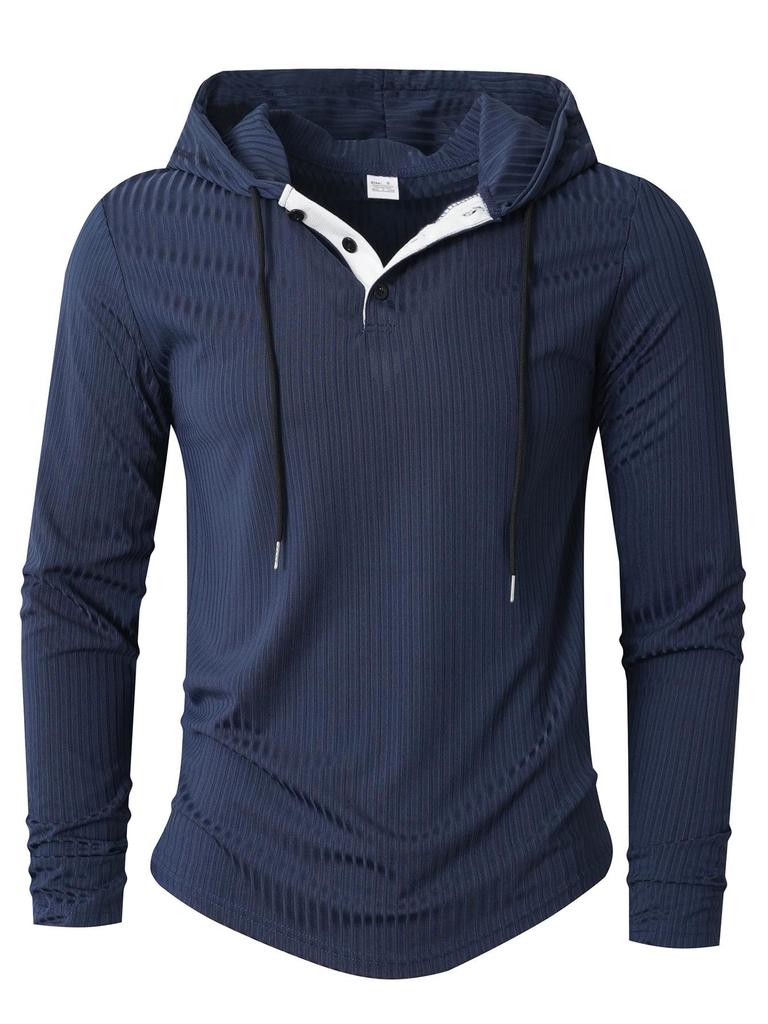 Men's Casual Long Sleeve Hooded Pullover with Drawstring and Buttons for Autumn/Winter