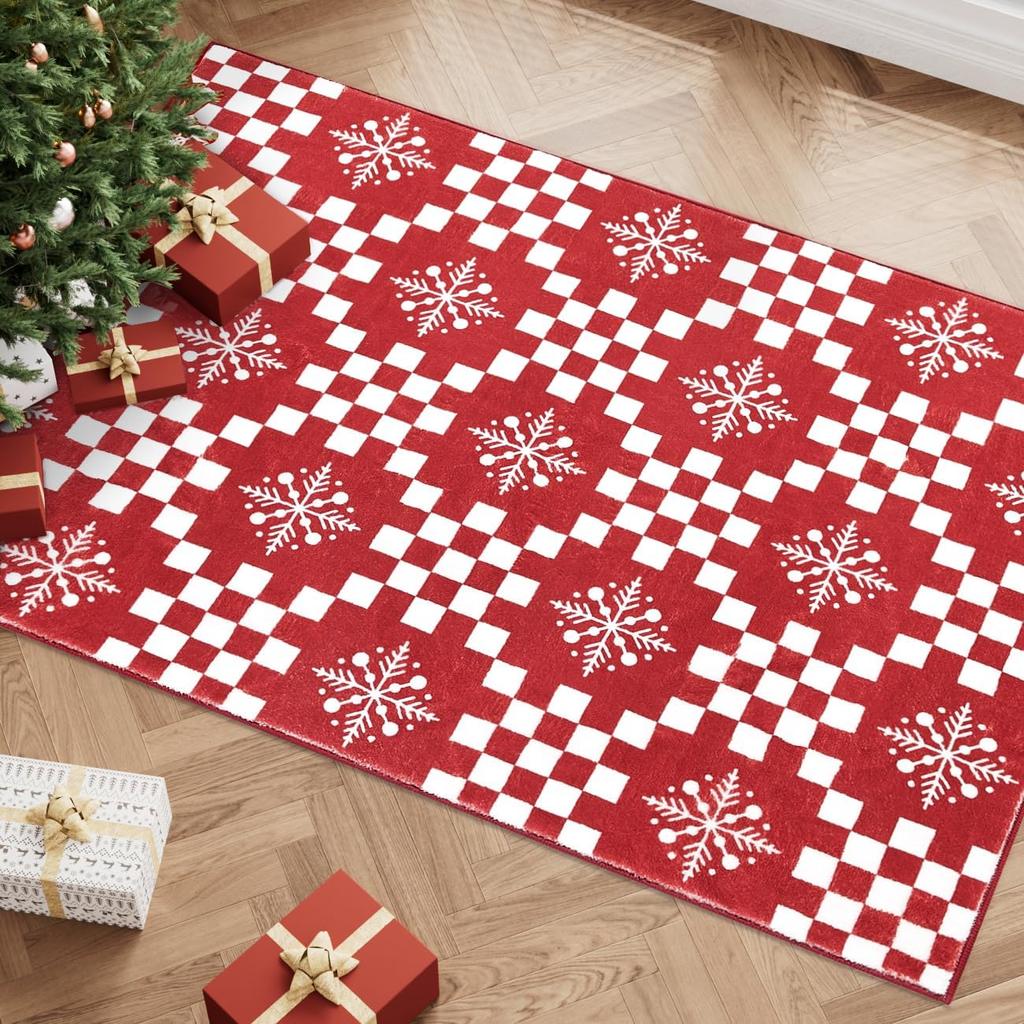 Weihnachts-Bereichsteppich Rot Schneeflocke Feiertag Wohnzimmer Schlafzimmer Teppich für Küche Eingangsbereich Esszimmer Badezimmer Heimdekorativ