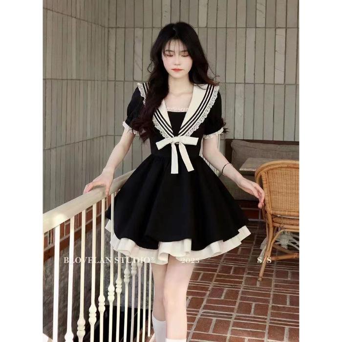 

Large size college style A-shaped dress women s summer navy collar bow short skirt fat MM belly covering and thin skirt S