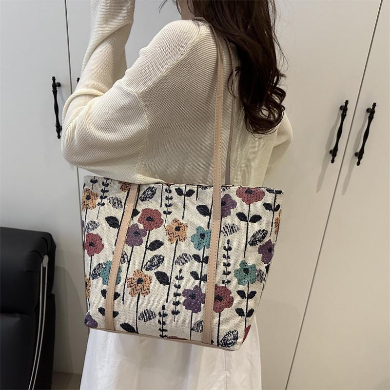 Leaves Flower Print Vintage Large Bag With Zipper Closure For Daily Use Women Fashion