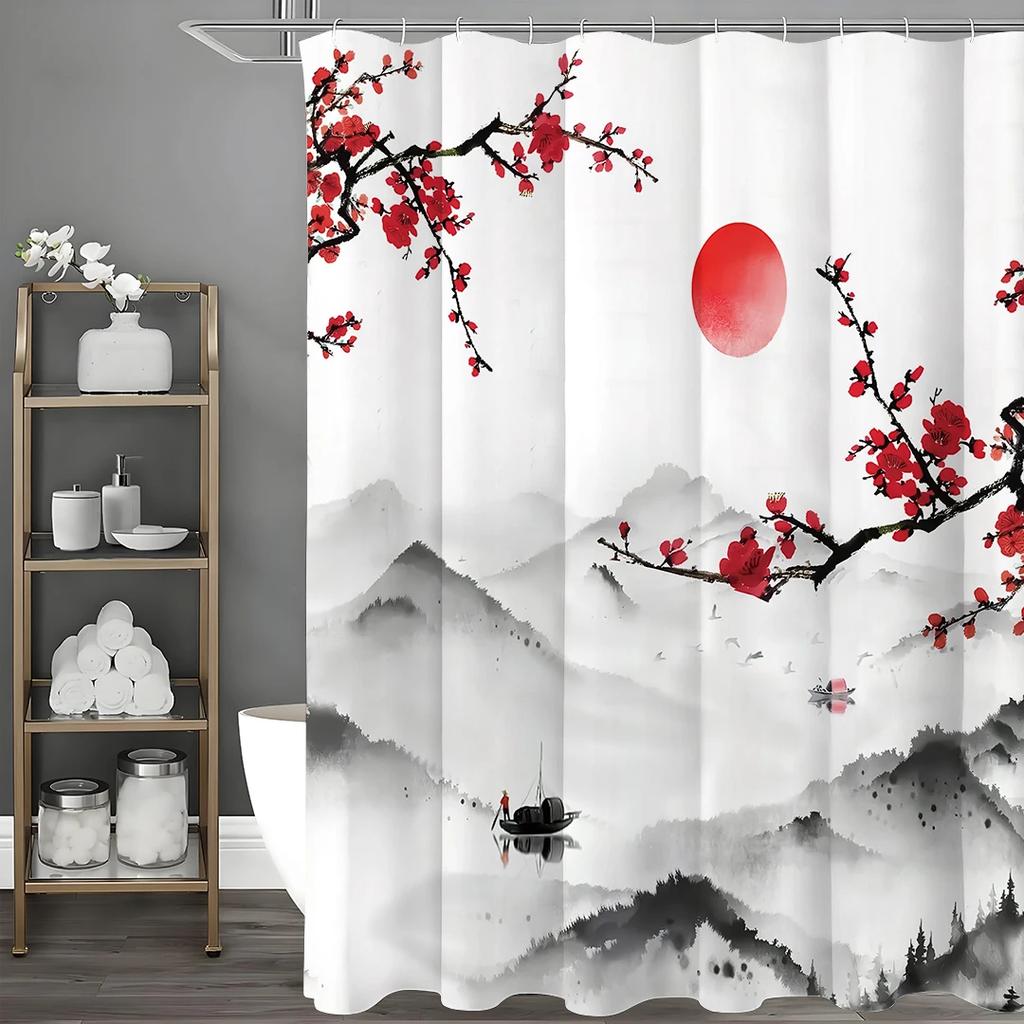 Chinese Ink Painting Landscape Plum Blossom Asian Shower Curtain, Bathroom Decorative Shower Curtain, Waterproof Shower Curtain
