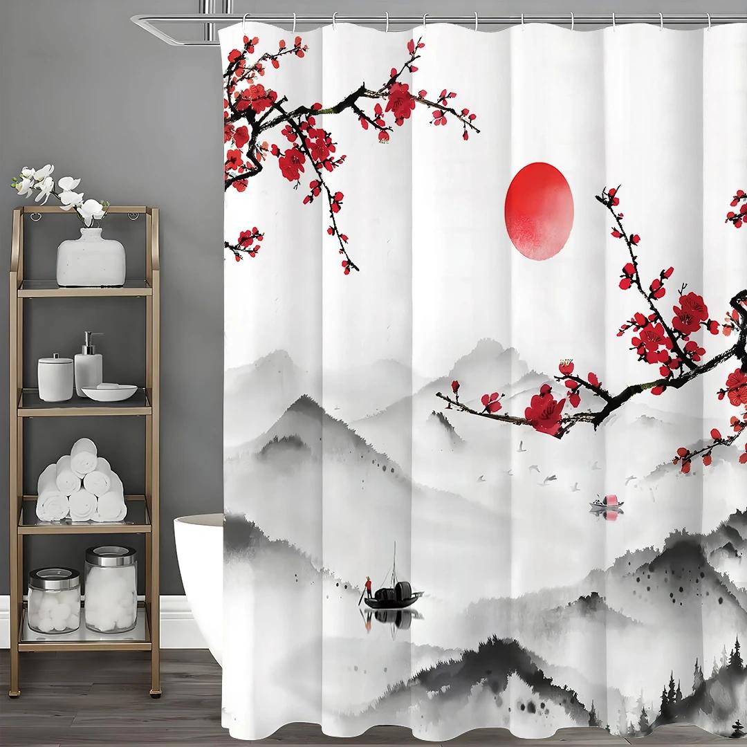 Chinese Ink Painting Landscape Plum Blossom Asian Shower Curtain, Bathroom Decorative Shower Curtain, Waterproof Shower Curtain W90xH180cm
