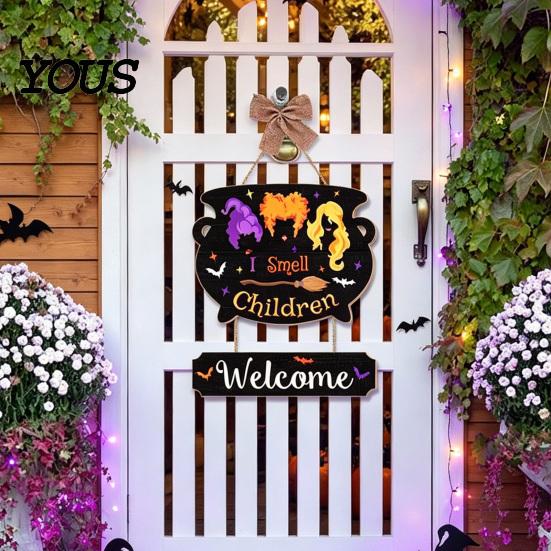 Holiday Party Wall Art Halloween Wooden Welcome Sign for Front Door, Witch Cauldron Hanging Plaque, Entrance Decorative Craft Waterproof Pendant with