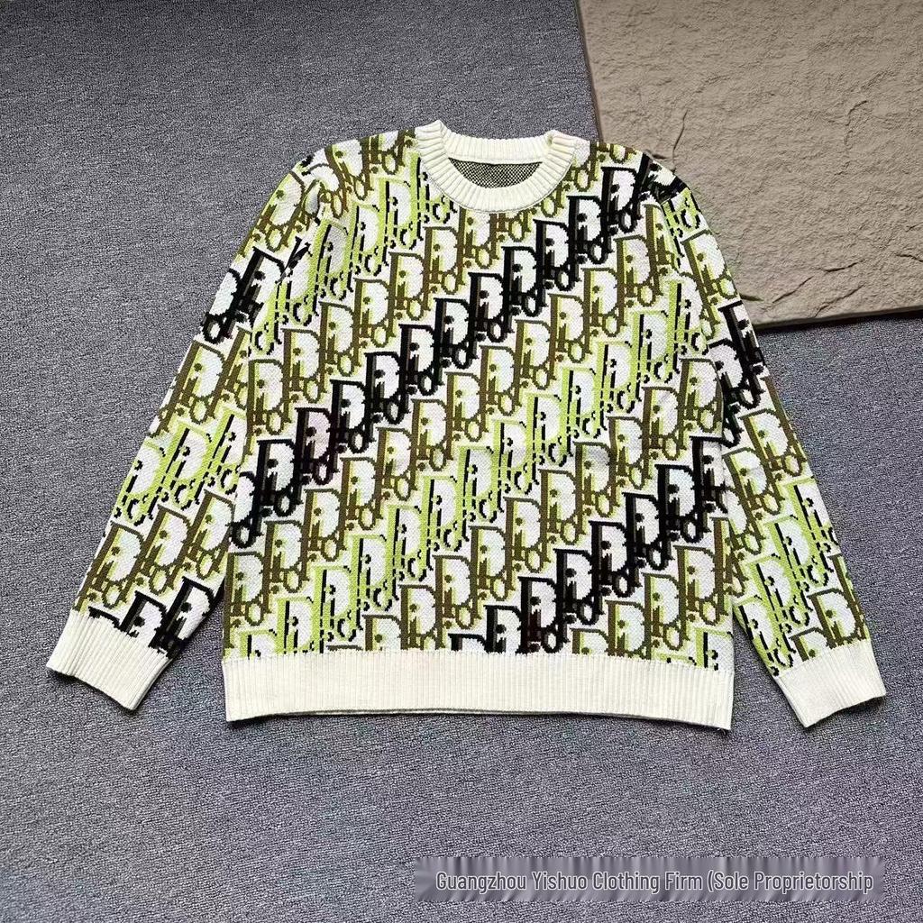 Höst/Vinter Unisex Lös Jacquardtröja med Broderat Bokstavslogotyp och Rund Hals