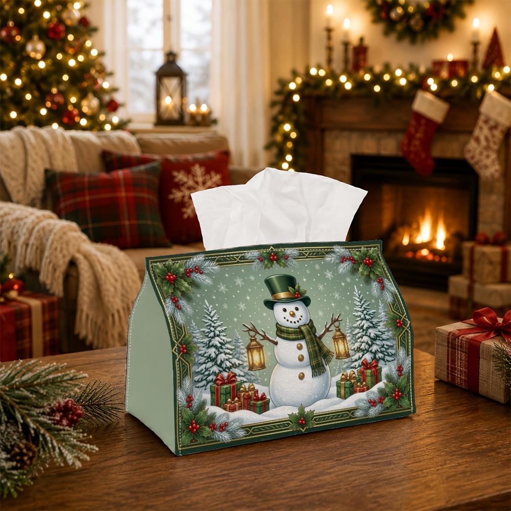 1pc Vintage Winter Scene Tissue Box - Snowman Lantern Pine Branch Frame Napkin Storage Box, Suitable for Rolls/Facial Tissues, Multi-Functional Storag
