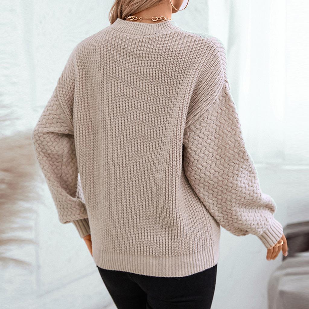Women's Fashion Casual Loose Solid Color Pocket Knit Sweater Long Sleeve Comfortable Pullover Sweater