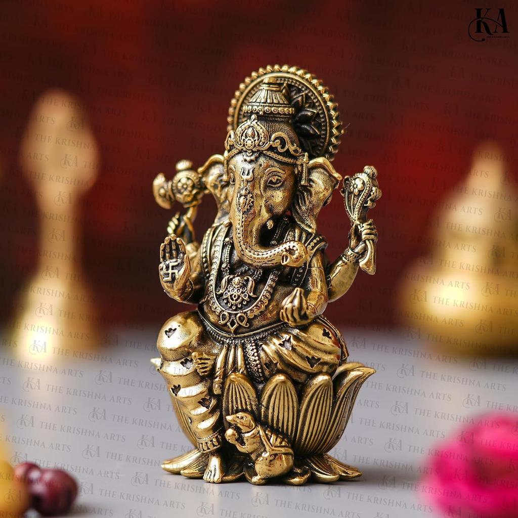 Brass Ganesha Idol for Good Luck & Worship | 2.5" Ganpati Hindu God Statue Figurine Perfect for Decoration Puja & Gifting Purpose Sculpture