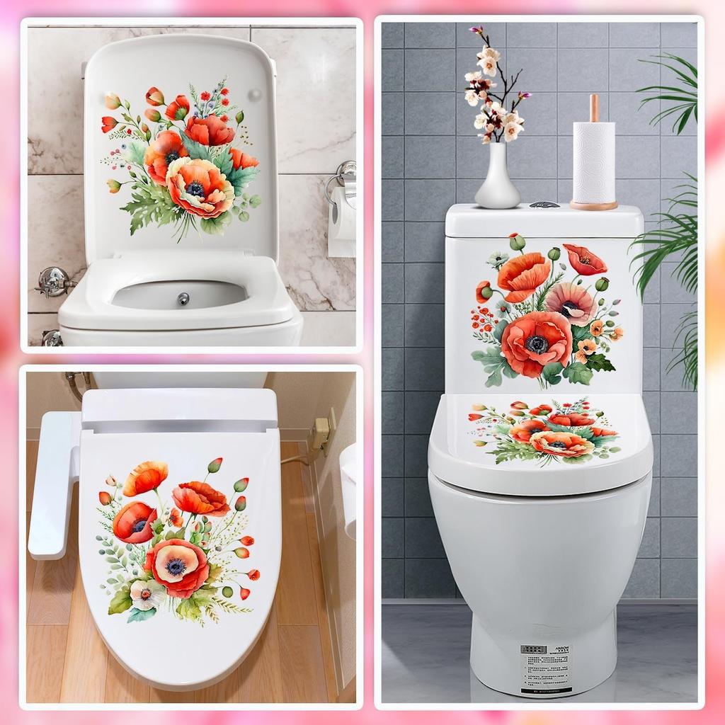 3Pcs Red 3D Poppy Flowers Toilet Seat Wall Sticker Self-Adhesive DIY Removable Watercolor Bouquet Toilets Stickers for Cistern Bathroom WC Restroom