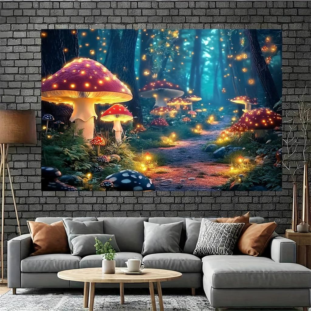 Tło płaskie 2D - Wzorzyste tło fotograficzne z motywem marzycielskiego lasu i grzybów, Wielofunkcyjny baner do dekoracji domu