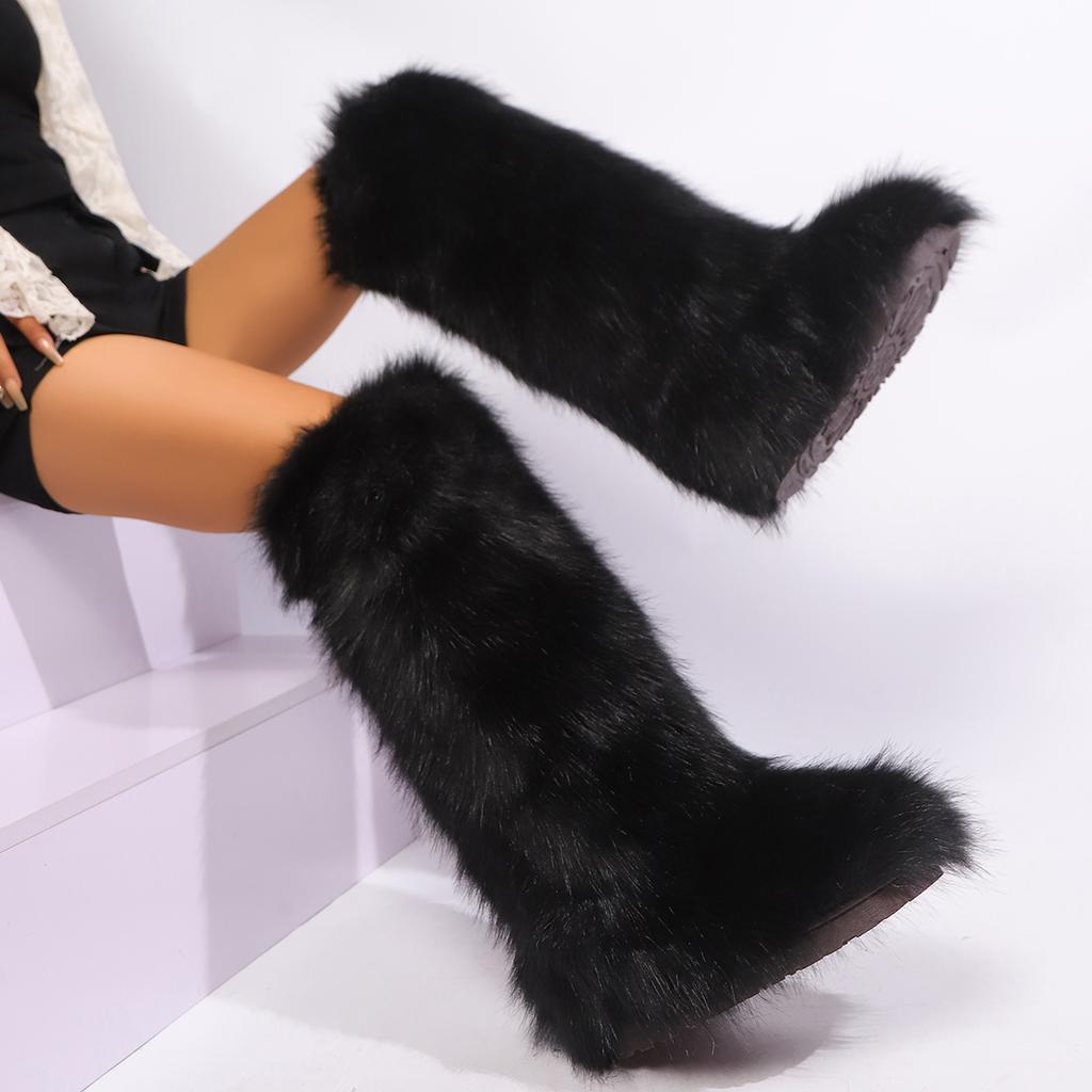 Womens Knee High Fuzzy Faux Fur Boots - Soft, Warm, and Comfortable Slip-on Design with Flat He Ladies Plush Warm Platform Shoes