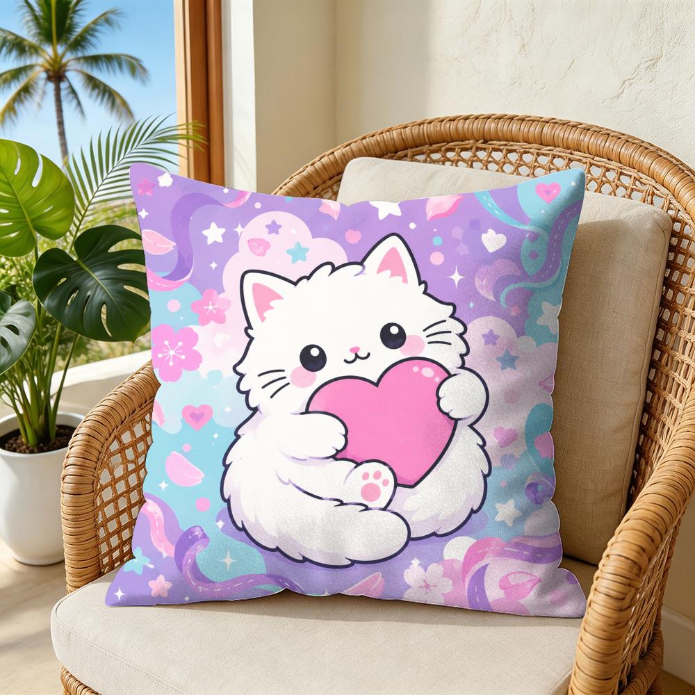 Cute Cartoon Cat Print Cushion Cover Double-Sided Plush Sofa Cushion Covers Organic Breathable Invisible Zipper