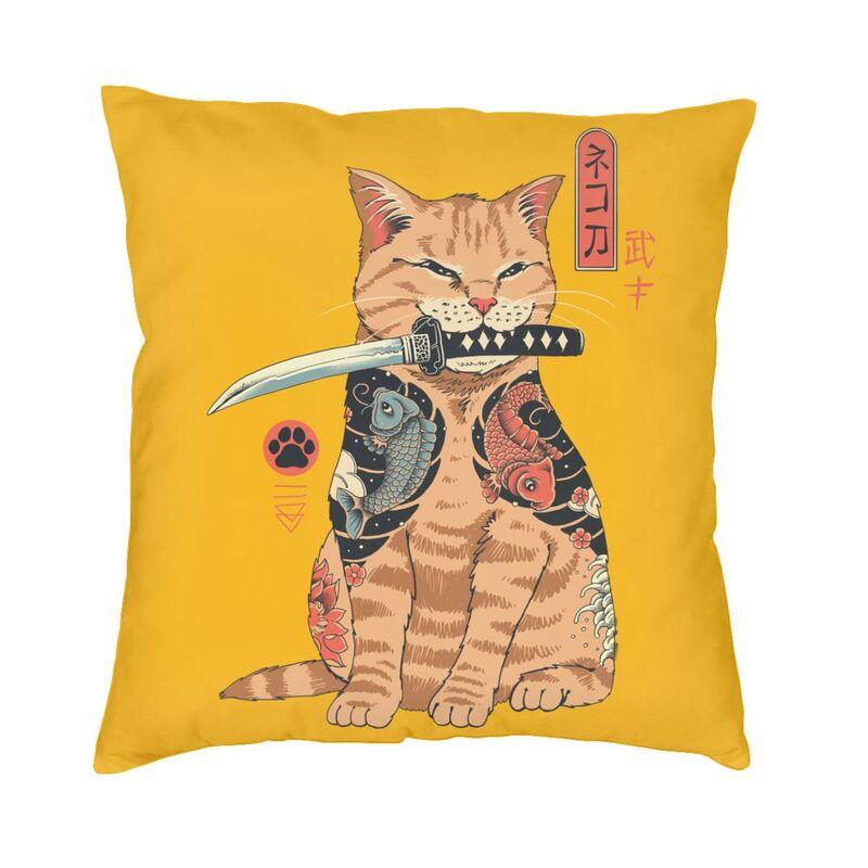 Funny Catana Feline Cat Cushion Cover 35x35 Cm Japanese Samurai Cat Dog Throw Pillow Cases Decoration Salon Sofa Chair Pillows