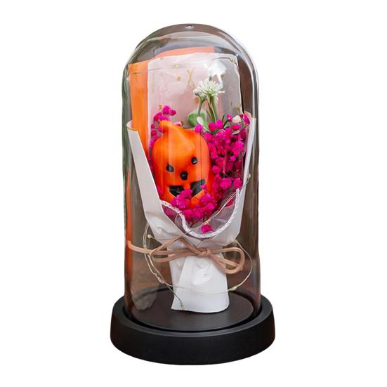 LED Clear Dome Pumpkin Night Light Halloween Light-up Pumpkin In Cloche with Artificial Flower for Home Kitchen Mantel Party Decor