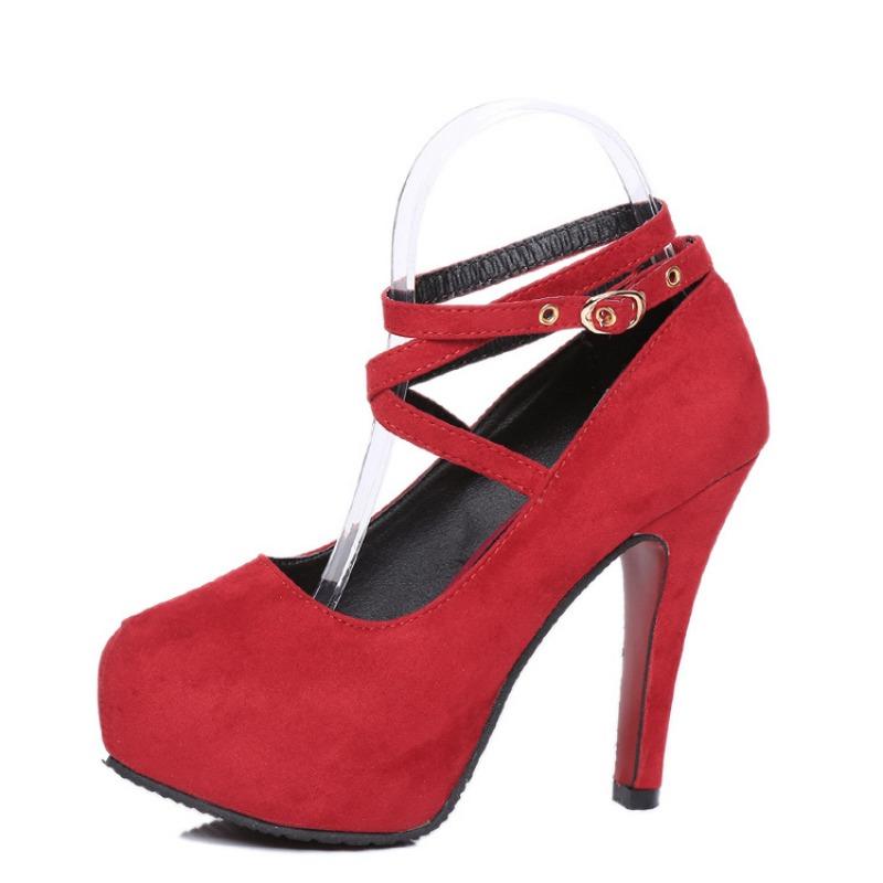 New High Heels, Thin Heels, Single Shoes, Nightclub Round Head Shoes, Cross-strap Shoes.