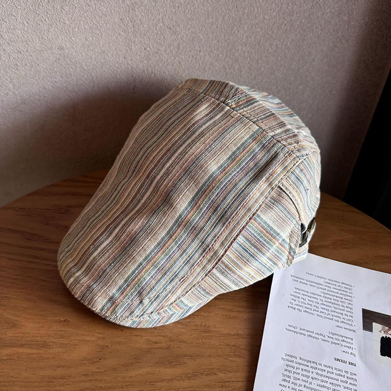 Brimmed Short Retro Beret With Stripe Design For Spring Summer Accessory Fashion