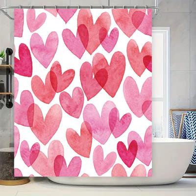 Watercolor Heart Shower Curtain Pink Red White Bath Decor for Valentine's Day Wedding Home Decoration Waterproof Liner