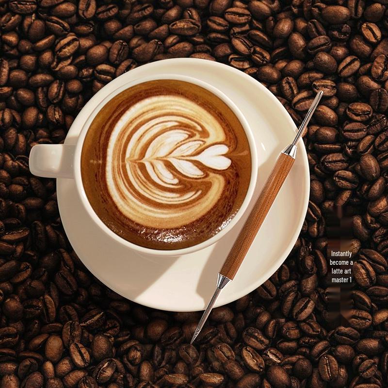Pear Wood Coffee Latte Art Needle with Stainless Steel Hook for Milk Foam Drawing