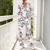 Women's V-Neck Printed Long Sleeve Hoodie Loungewear Set with Pockets - Loose Fit 2 Piece Casual Sleepwear Pajama Set for Home