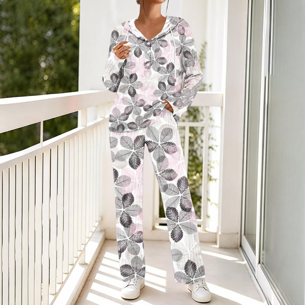 Women's V-Neck Printed Long Sleeve Hoodie Loungewear Set with Pockets - Loose Fit 2 Piece Casual Sleepwear Pajama Set for Home