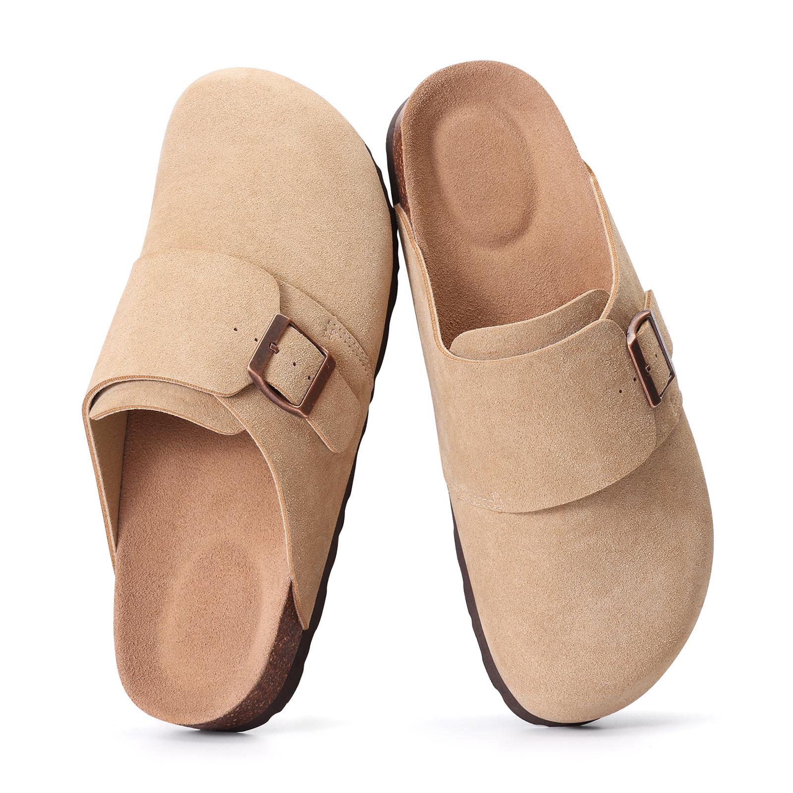 

Модные клоги Crestar New для женщин, мягкие клоги из коровьей замши, ретро классические мюли-шлепанцы из пробки с регулируемой пряжкой, мужские пляжные сандалии 36 абрикосовый