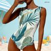 Women Plus Size High Round Neck Sleeveless Tropical Leaf Printed One Piece Swimsuit