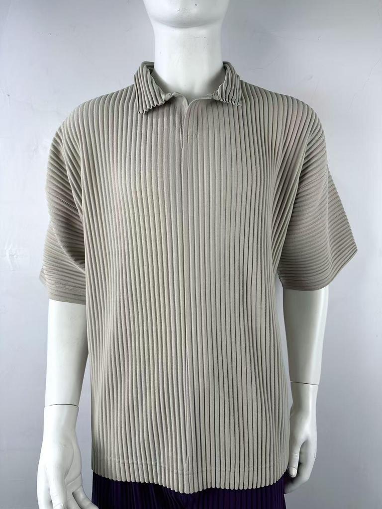 Miyake Men's Loose Fit Pleated Polo Shirt - Summer Breathable Short Sleeve with Turn-Down Collar, Solid Color (JM030)