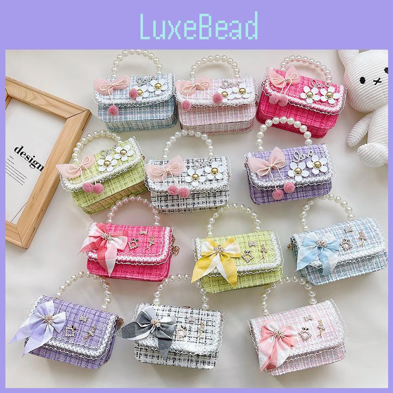 Cute Checkered Girls Bow Pearl Handbag Square Mini Shoulder Bag For Daily Use