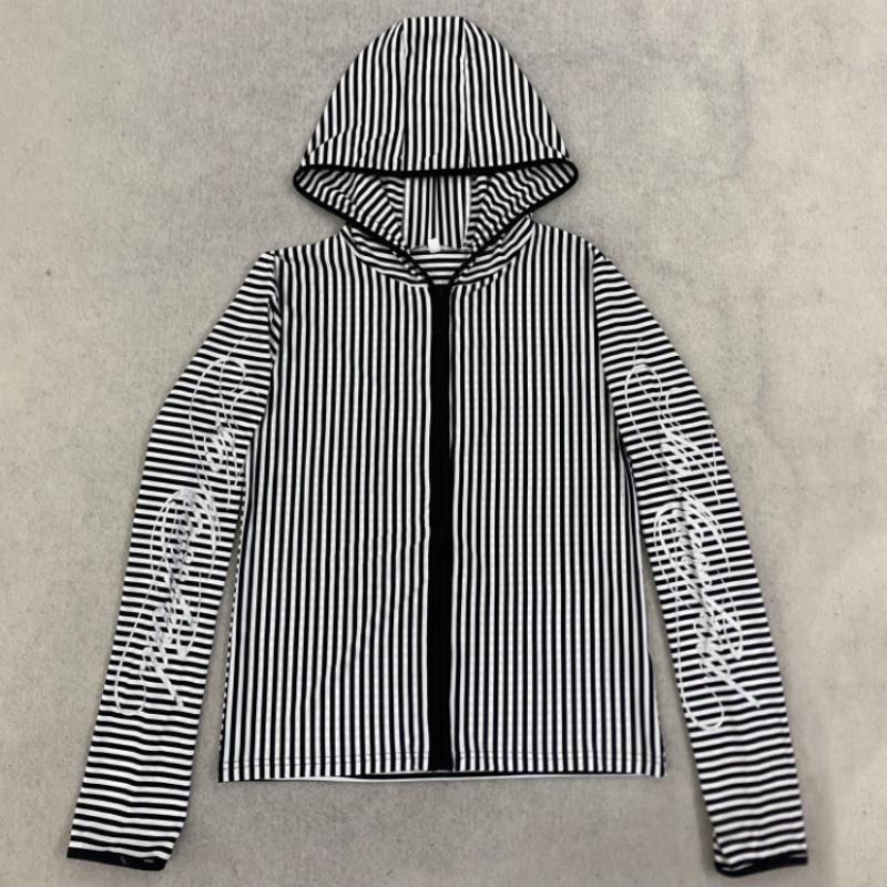 Harajuku retro striped letter printed hooded slim fit long sleeved personalized zipper top for women