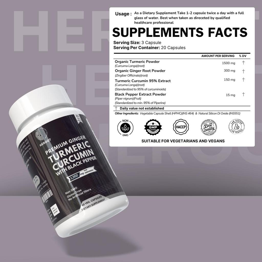 Turmeric Capsules 1950mg Curcumin95% , Black Pepper & Ginger Complex Bioperine