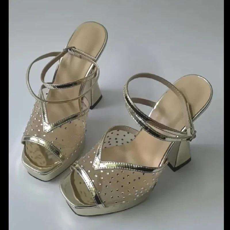 Eiyken Fashion CRYSTAL Diamond Hollow Out Mesh Peep Toe Platform Woman Sandals Ankle Buckle Strap Square High Heels Party Shoes