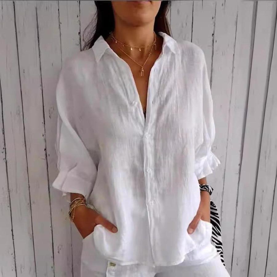 Blusa casual a maniche 3/4 con collo polo in bianco unito per primavera/autunno
