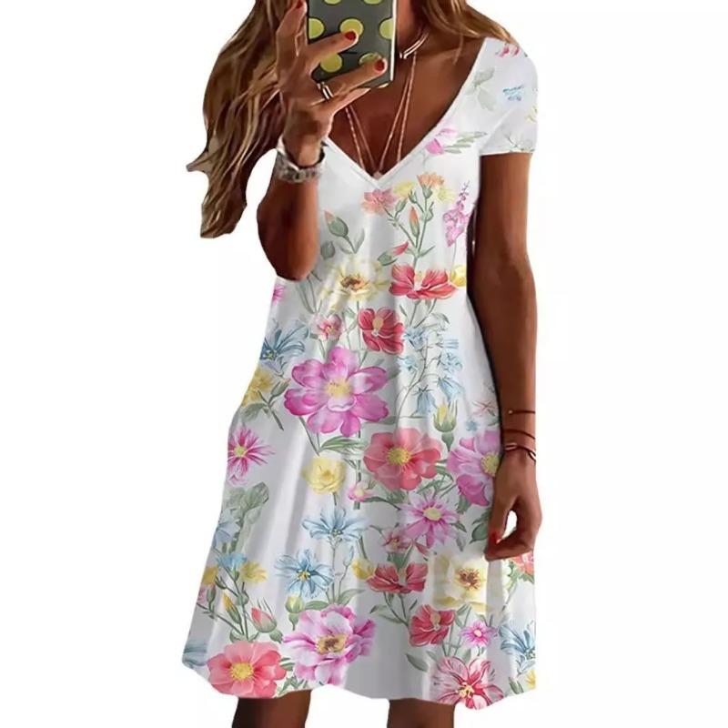 2025 New Casual Print Short Sleeve Dress Women's Fashionable Elegant Style
