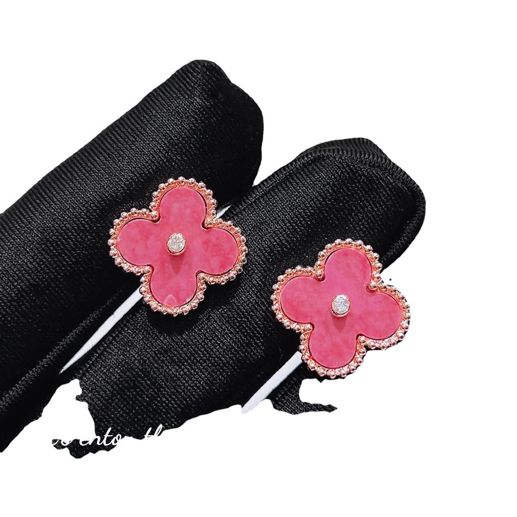 Internet Celebrity Lulu Four-Leaf Clover Necklace Women'S Light Luxury Niche Design Premium Rosewood Bracelet Stud Earrings Pink Diamond Set