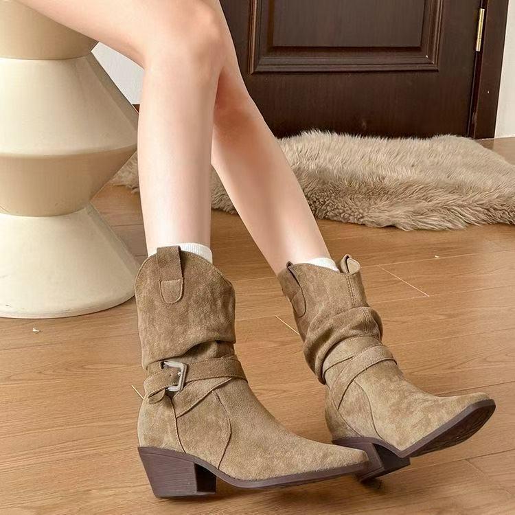 

Women s Genuine Leather Suede Western Ankle Boots - Autumn High Heel Mid-Calf 40