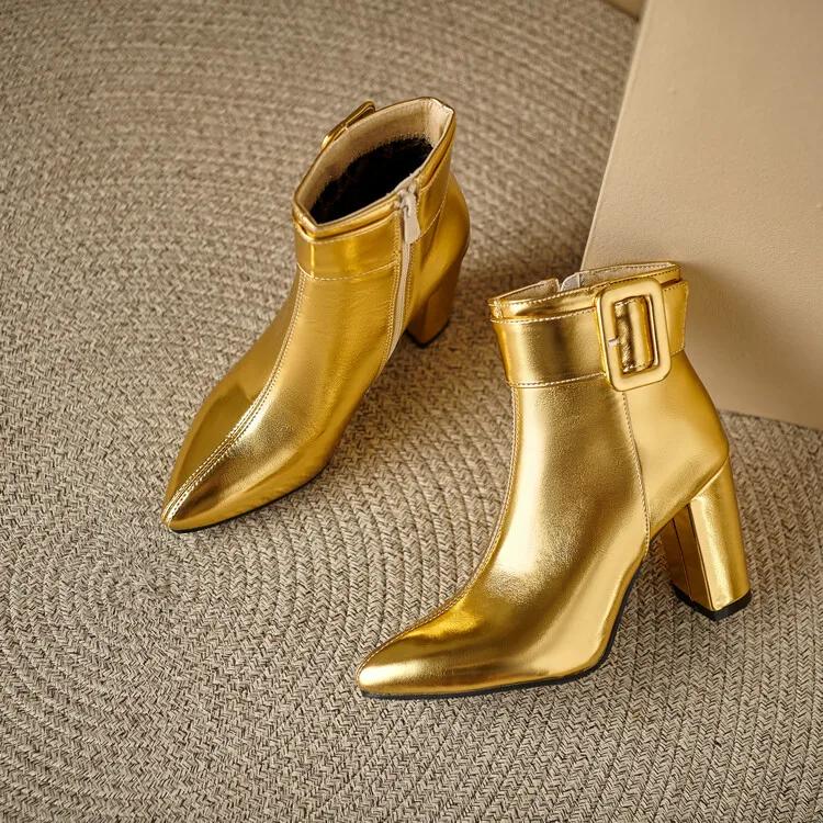 Fashion Golden Silver Belt Buckle Pointed Women's Short Boots New European American Winter Warm 8.5cm High Heels Ankle Boots Size 32-46