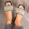 Plus Size Women's Korean Style Solid Color Square Toe One Strap Rhinestone Flat Slip on Slide Sandals