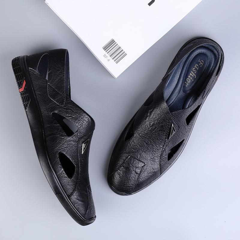 

Мужская обувь 2025 года, лето, новые туфли двойного назначения с одной педалью, дышащие, дезодорирующие, для ног, полые кожаные туфли прилив 37 чёрный
