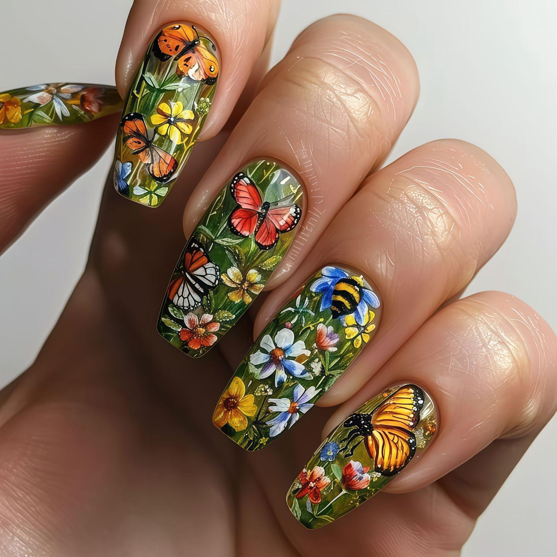 Стикеры для ногтей с долгим сроком носки - Свежий, красочный цветочный дизайн, 24 штуки